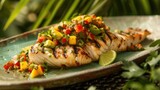 grilled snapper adorned with a tropical salsa, bursting with the freshness of mango and avocado, elegantly presented on a porcelain platter against a backdrop of lush greenery.