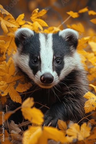 a large wild badger in yellow grass and brown leaves