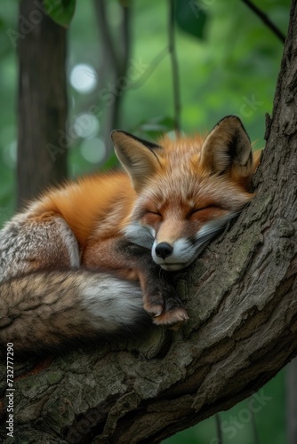 Tranquil Red Fox  Napping Comfortably atop a Rock