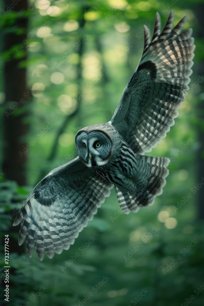 Fototapeta premium Forest Flight: Gray Owl Soaring Through Woodland.