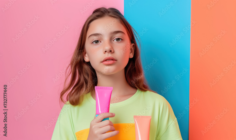 young girl in vibrant neon pastel shirt presenting colorful skincare tubes young girl in vibrant neon pastel shirt presenting colorful skincare tubes