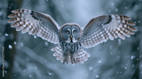 Stealthy Flight: Gray Owl Soaring Over Forest.
