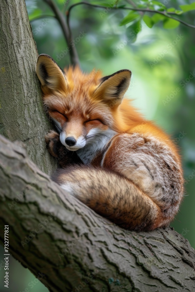 Obraz premium Fox in Repose: Breathtaking Photography Featuring a Red Fox Resting on a Mossy Log.