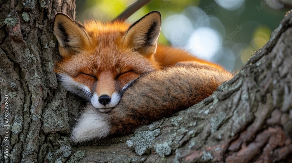 a red fox sleeps on top of a tree a red fox sleeps on top of a tree