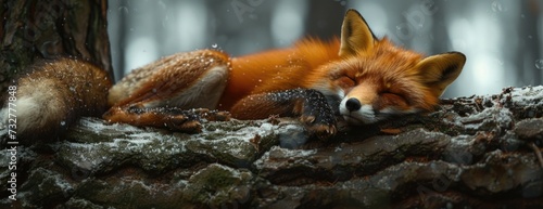 a red fox sleeps on top of a tree