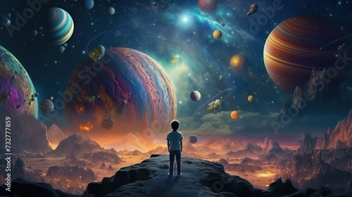 cartoon style art, kid dreaming about space