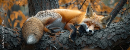 Images of a Red Fox Sleeping Peacefully on a Tree Branch.