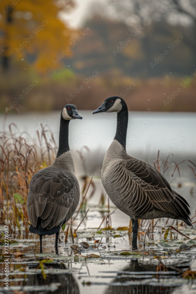 Fototapeta premium two birds stand beside a large pond, in the style of gold and black