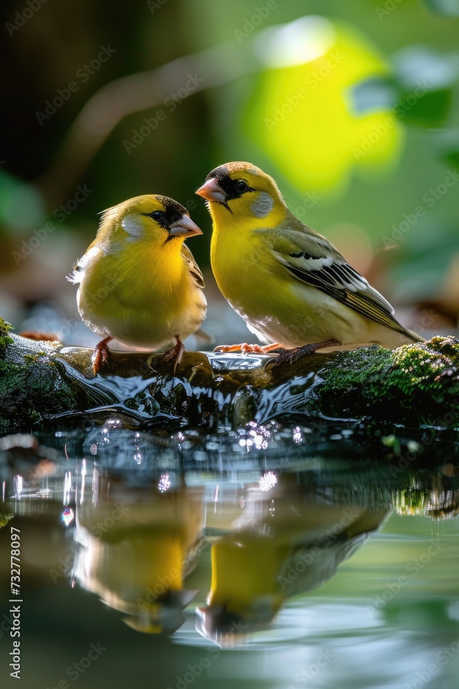 two goldfinches eat seeds from the water on the ground two goldfinches eat seeds from the water on the ground