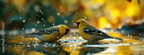 two goldfinches are drinking from a pond, in the style of photo-realistic landscapes