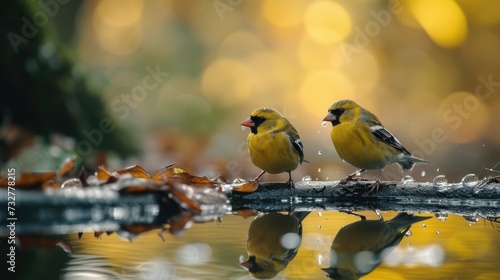 two goldfinches are drinking from a pond, in the style of photo-realistic landscapes photo