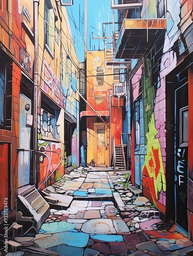 Urban Graffiti Alleyways: Acrylic Landscape Art of Alley View, Street Mural Scene