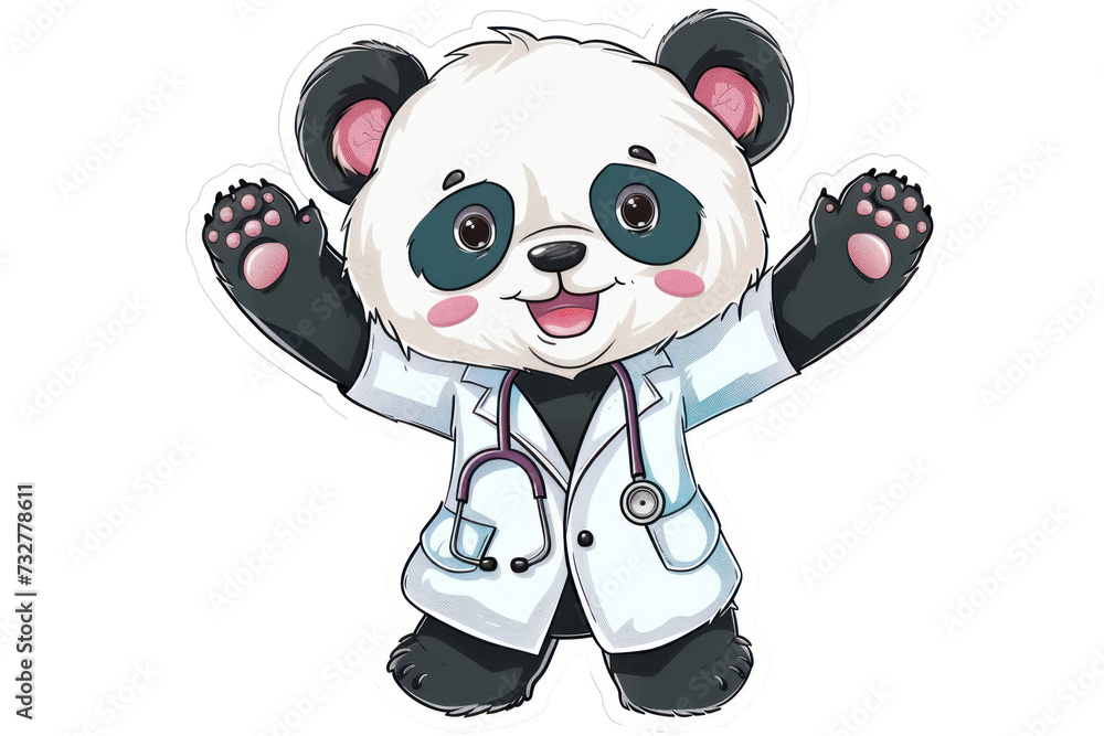 cute happy panda doctor illustration, stickers style for kids design, playful cartoon character cute happy panda doctor illustration, stickers style for kids design, playful cartoon character