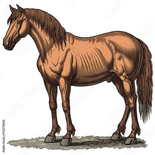 Colored picture of horse  woodcut  old vintage style  hand drawn simple graphics  isolated on white background