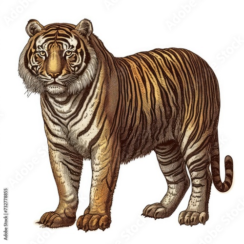 Colored picture of tiger, woodcut, old vintage style, hand drawn simple graphics, isolated on white background  © shooreeq