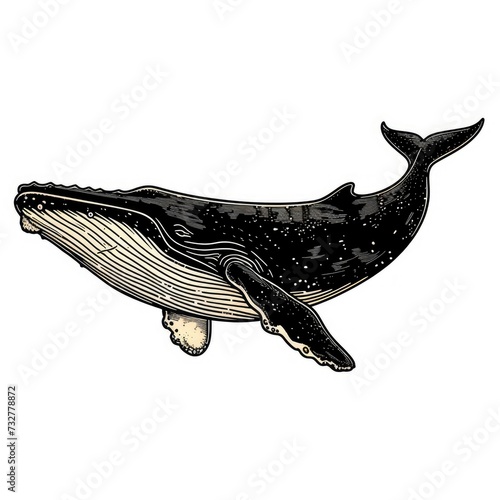 Colored picture of whale, woodcut, old vintage style, hand drawn simple graphics, isolated on white background