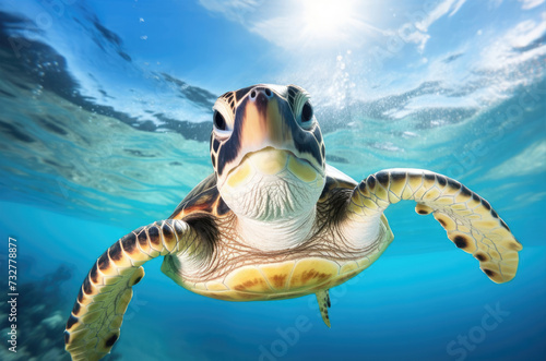 sea turtle swims underwater in blue sea water on a sunny day © Ruslan Russland