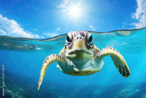 sea turtle swims underwater in blue sea water on a sunny day