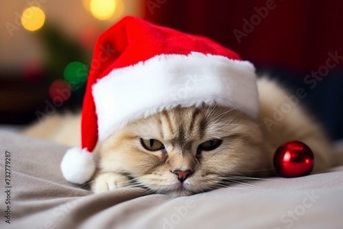 cute festive feline wearing Santa hat. Generative AI © Melisende