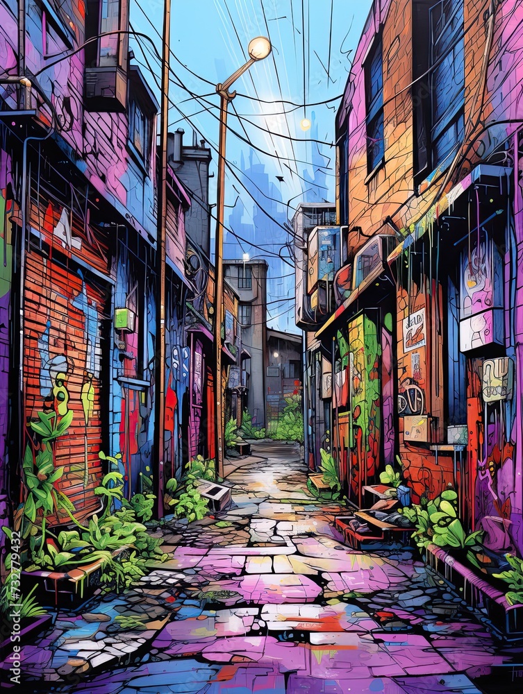 Fototapeta premium Urban Graffiti Alleyways Landscape Poster: Vibrant Alley Artwork Dominates the Street Art Scene