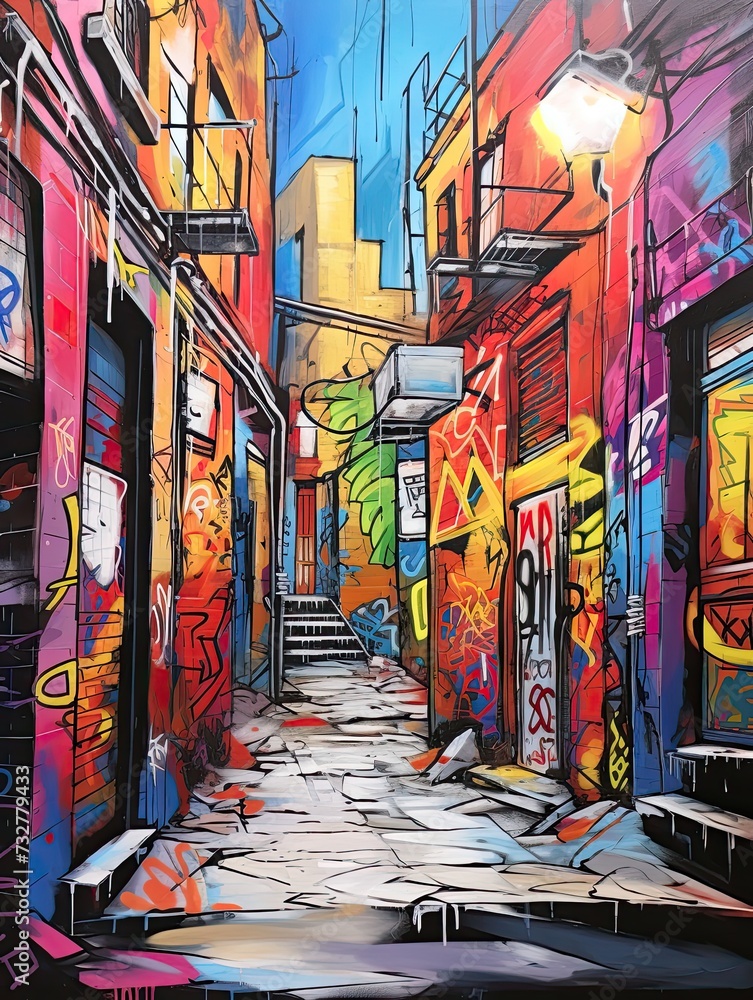 Urban Graffiti Alleyways: Original Painting of Alley Artwork in Modern Street View