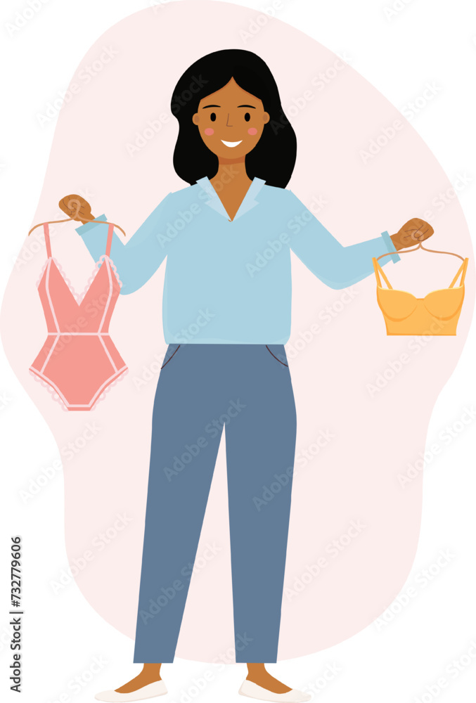 African american saleswoman, shop assistant in lingerie store. Seller holds in her hands and shows woman bra. Vector illustration. African american saleswoman, shop assistant in lingerie store. Seller holds in her hands and shows woman bra. Vector illustration.