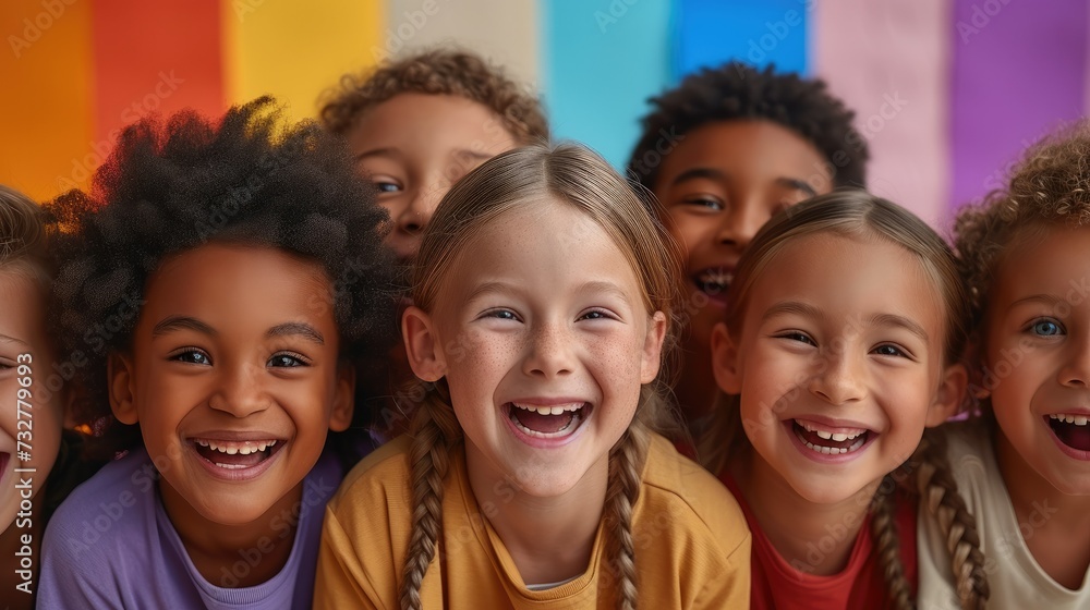 Group of children looking mischievous and laughing. They are different ethnicities. Generative AI.