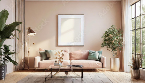 Single vertical superbig glossy frame mockup  reflective glass  mockup poster on the wall of living room. Interior mockup. Apartment background. Modern Japandi interior design. 3D render