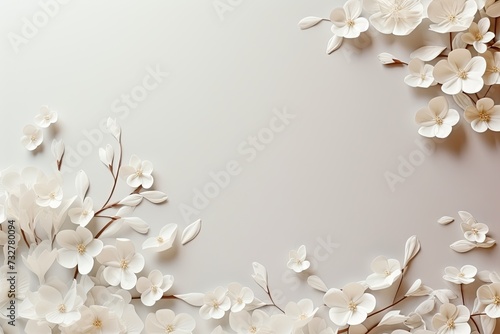 laconic Scandinavian natural background with white flowers in delicate pastel shades. spring minimalistic background with shabby antique wall