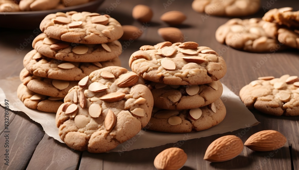 Almond cookies and almonds on wooden table Almond cookies and almonds on wooden table