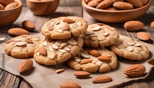 Almond cookies on a wooden table, bowl with almonds in the background 