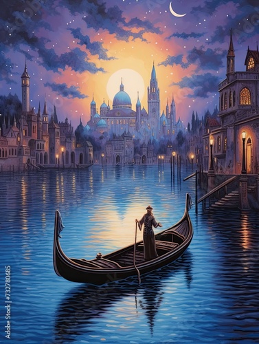 Romantic Gondola in Venice, Vintage Twilight Landscape - Exquisite Art Print © Michael