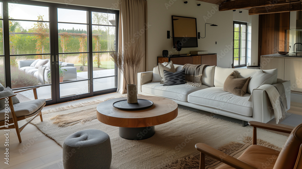 Contemporary Rustic Living Room with Panoramic Windows and Neutral Color Palette Contemporary Rustic Living Room with Panoramic Windows and Neutral Color Palette