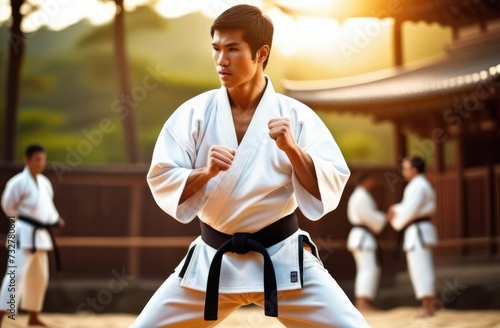 Focused Karate Practitioner in Traditional Dojo Ready for Training or Competition