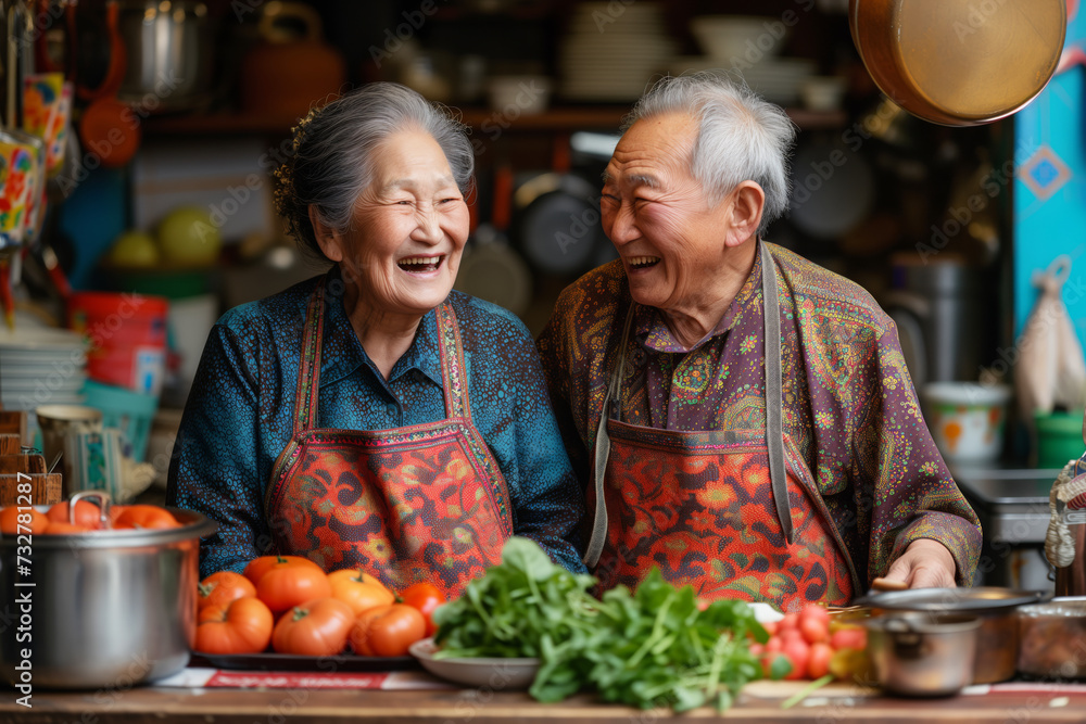 Happy senior Asian couple in colorful aprons laughing and enjoying cooking in a vibrant kitchen filled with pots and fresh vegetables.
