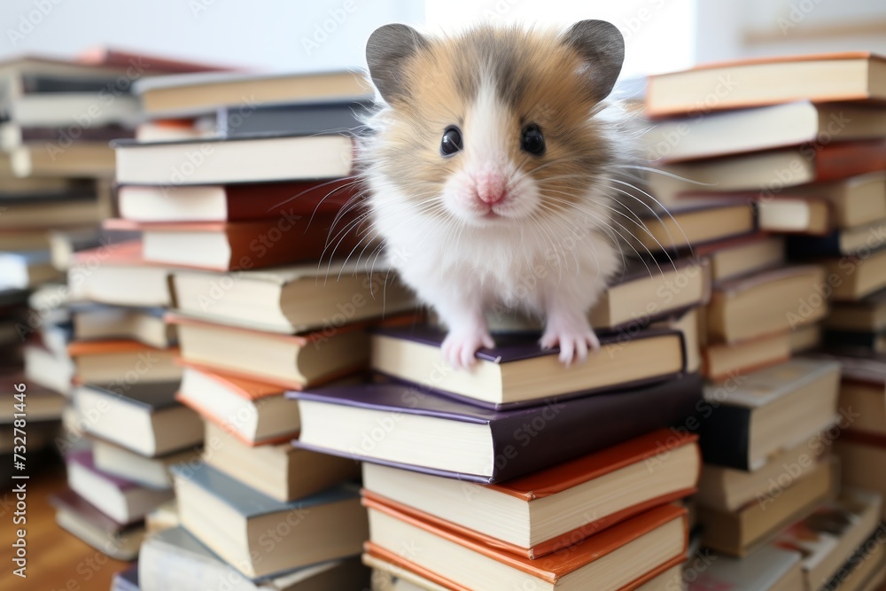 A small cute hamster on books in a library or bookstore, looking curiously at the camera. Isolated on white with blurred background. Well-lit and in focus.