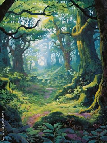 Vibrant Landscape of Ancient Sacred Groves: Nature Art Woodland Art Print