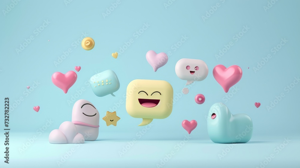 The concept of online social communication applications is depicted through a 3D social media platform, featuring emojis, hearts, and chat icons against a light blue background The concept of online social communication applications is depicted through a 3D social media platform, featuring emojis, hearts, and chat icons against a light blue background