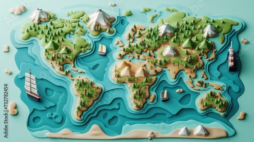 A 3D vector illustration presents a world map in a modern style, accompanied by an infographic design template © Orxan