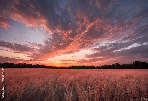 a sunset over a field of tall grass.