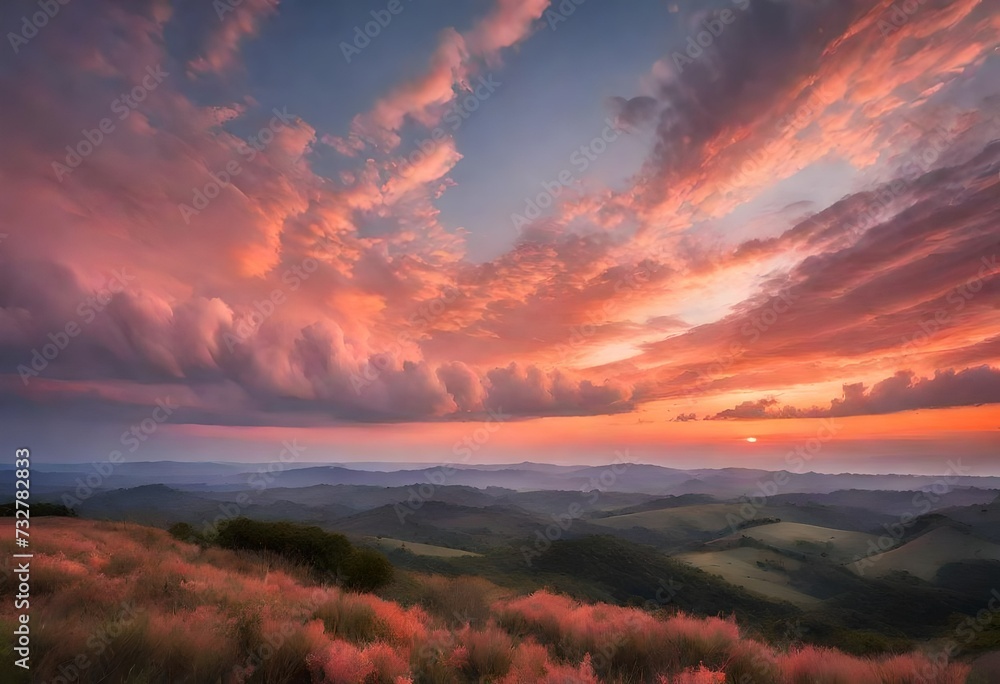 a beautiful sunset over a lush green field. 