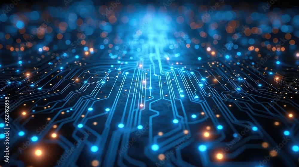 A futuristic blue background of technology with circuit lines. Generative AI. A futuristic blue background of technology with circuit lines. Generative AI.