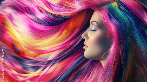Beauty Fashion Model Girl with Colorful Dyed Hair. Colourful Long Hair. Portrait of a Beautiful Girl with Dyed Hair, professional hair Coloring. Colouring hair