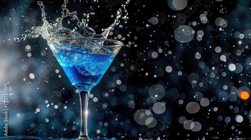 Blue cocktail with splashing water on the black background. Party club entertainment. Mixed light