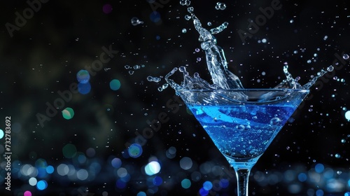 Blue cocktail with splashing water on the black background. Party club entertainment. Mixed light