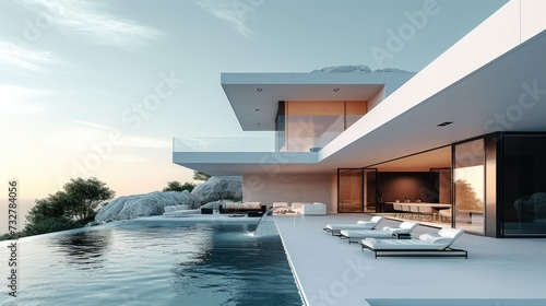 A simple high-end villa, white, minimalist design. Generative AI. © visoot