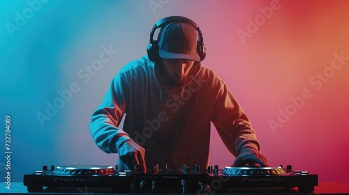 DJ playing music on light background