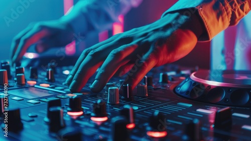 DJ Spinning, Mixing, and Scratching in a Night Club, Hands of dj tweak various track controls on dj © buraratn