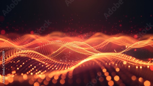 Abstract wave of digital woven lines connecting network dots against a dark background. This modern 3D mesh pattern design depicts futuristic computer science technology concepts