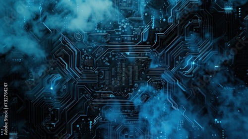 Abstract technology background featuring a circuit board on a dark blue color with clouds and smoke floating up, creating an interior texture. This illustration represents digital future technology photo